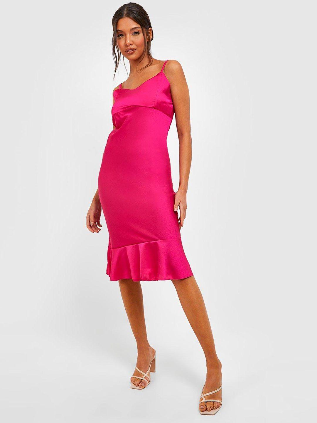 boohoo pink satin flounce hem a-line dress