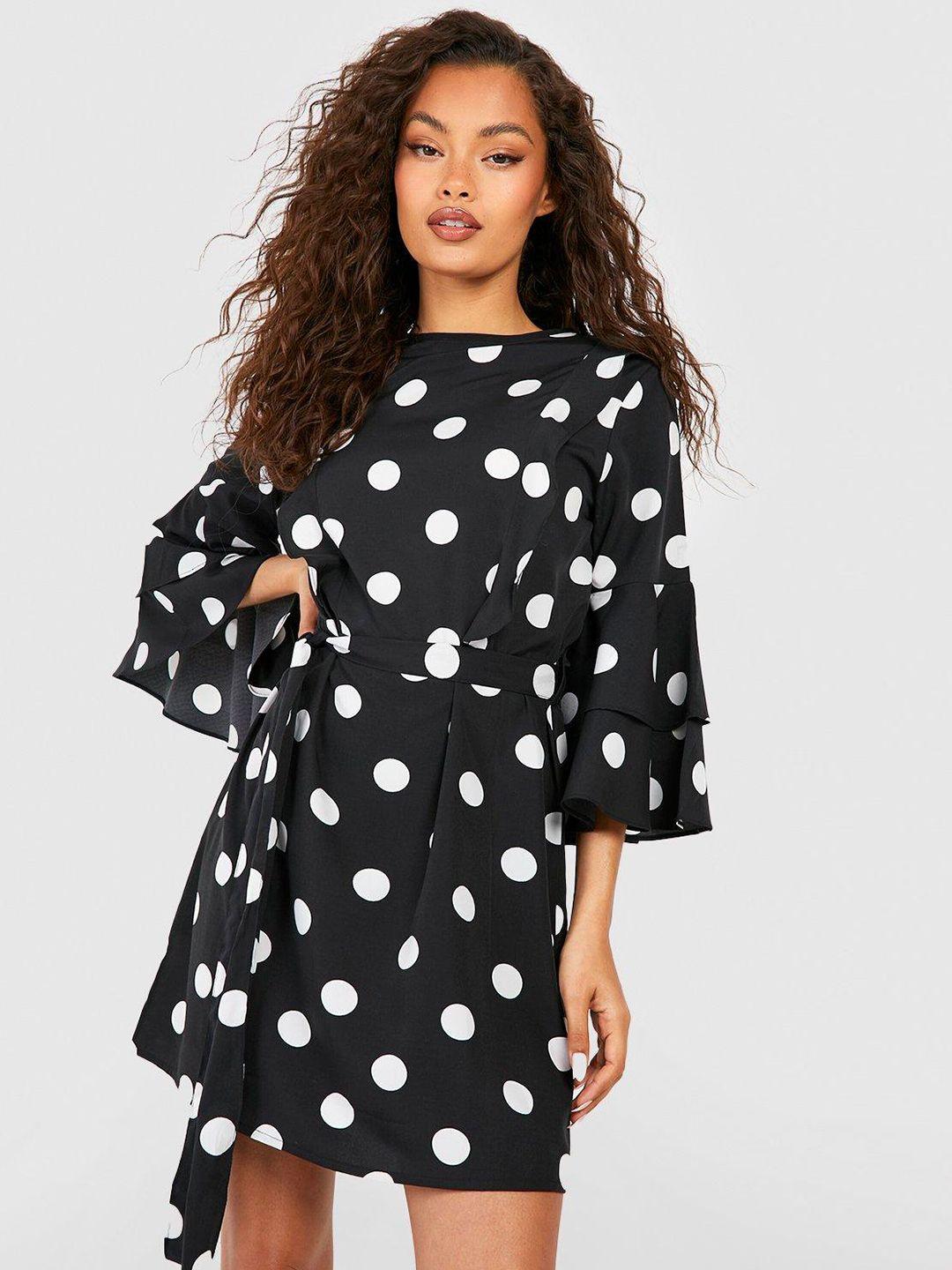 boohoo polka dot print flared sleeve a-line mini dress with belt