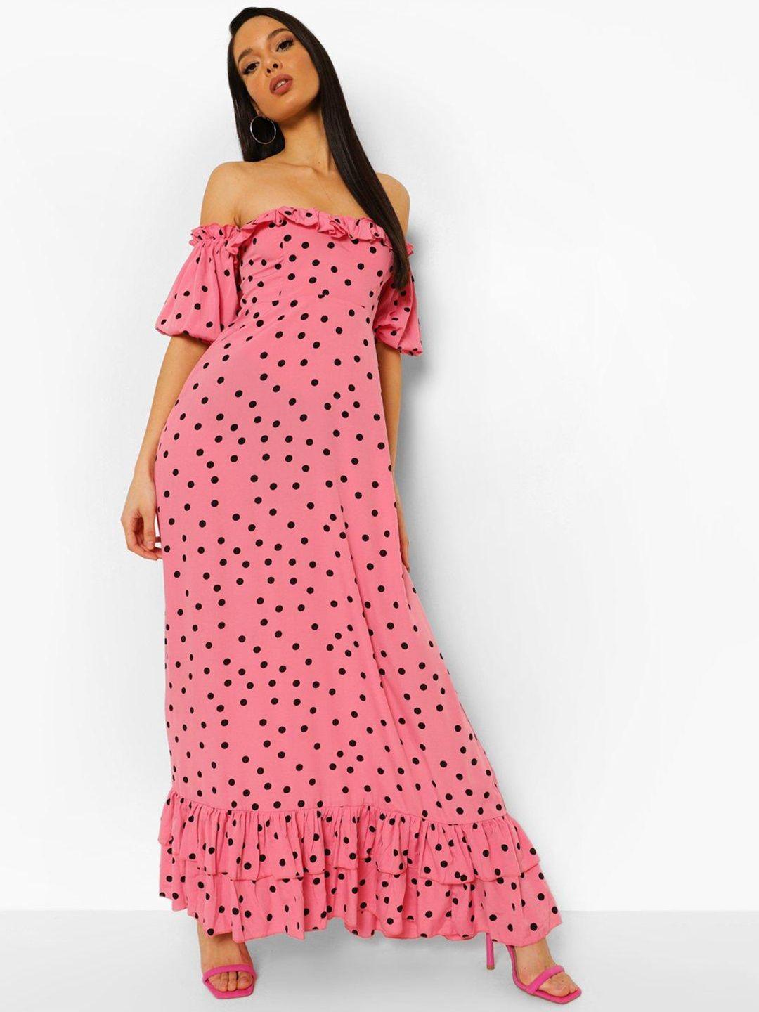 boohoo polka dot print puff sleeve ruffled maxi bardot dress