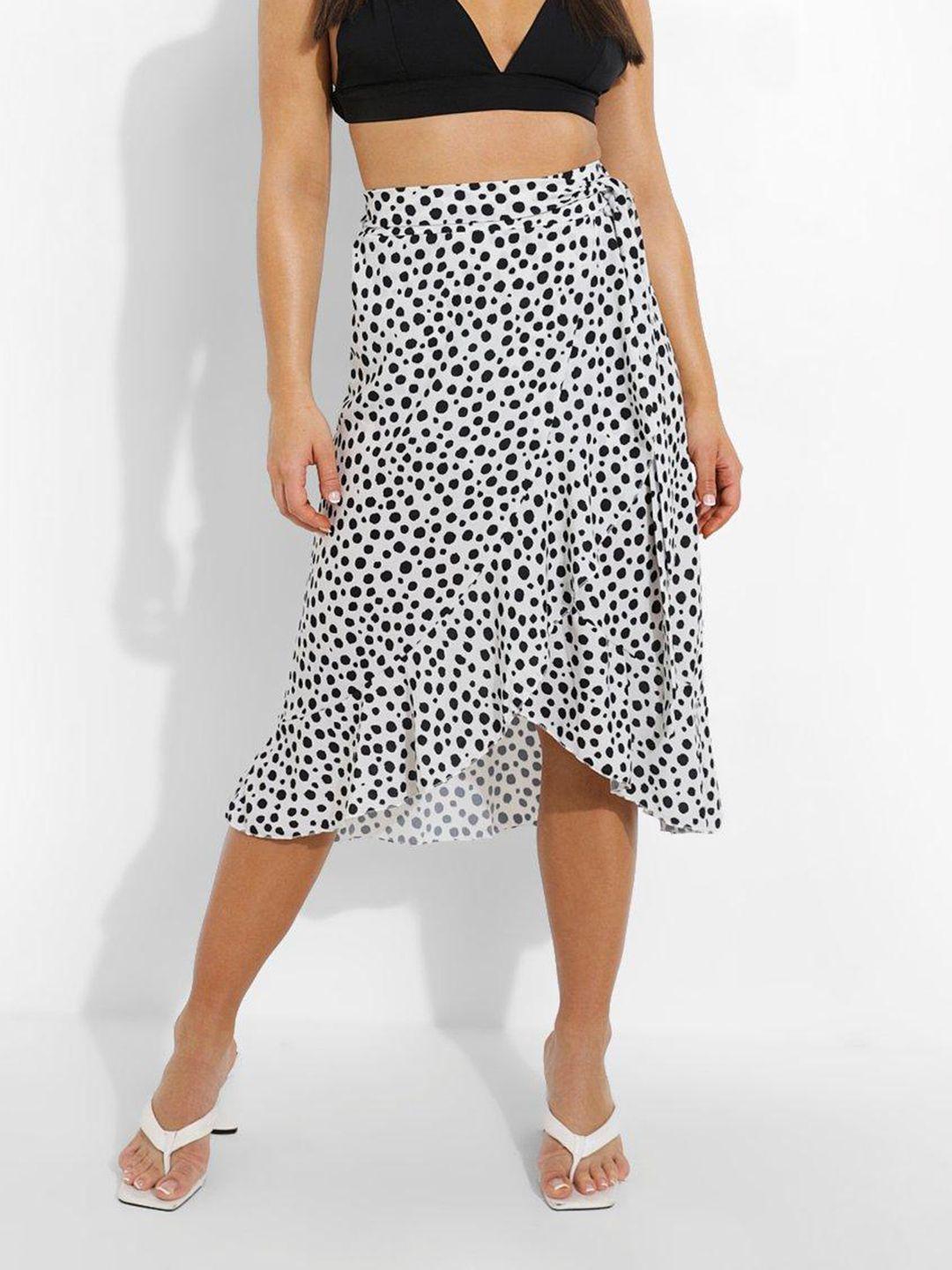 boohoo polka dots printed wrap midi skirt