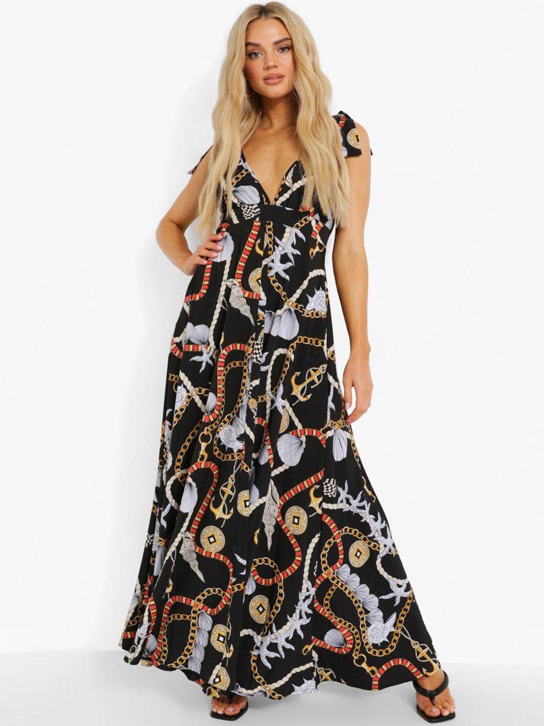 boohoo print tie-up shoulder a-line maxi dress