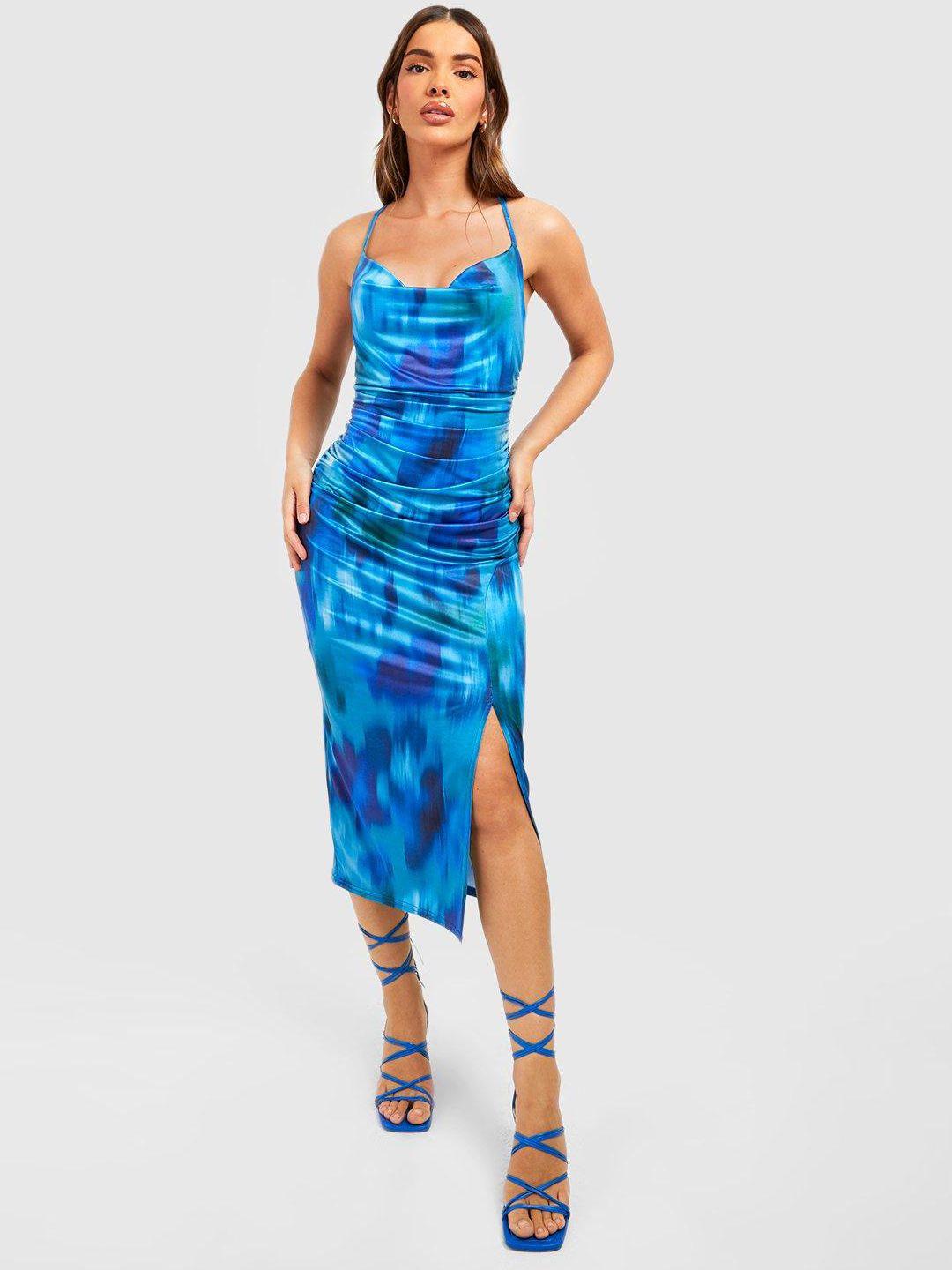 boohoo printed cowl neck slip midi dress