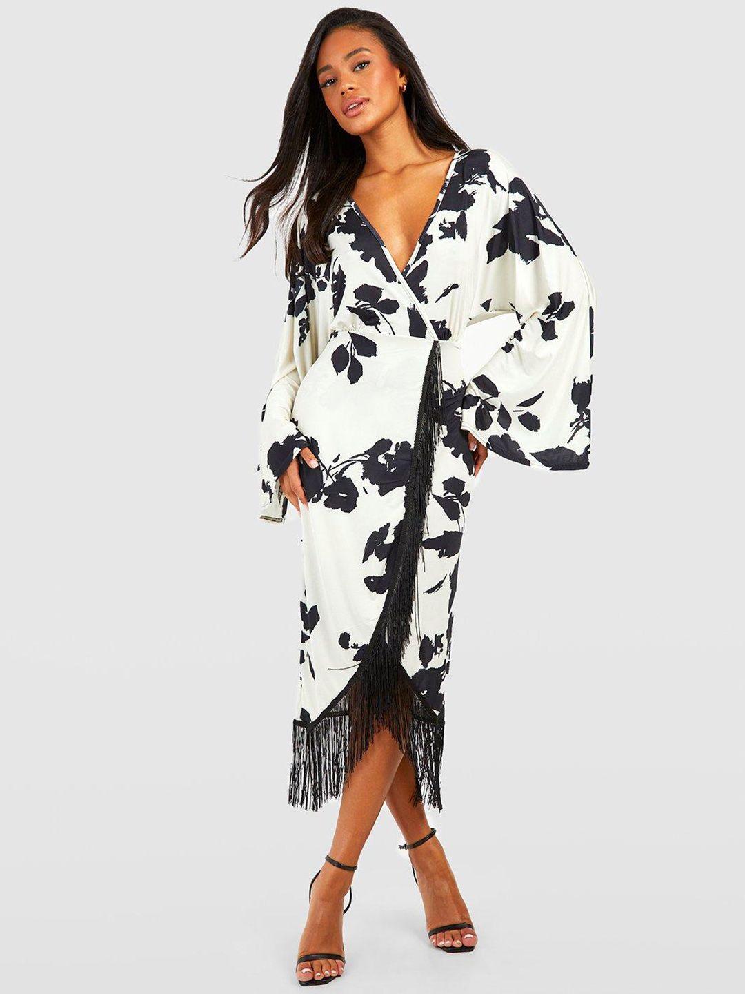 boohoo printed flared sleeves tassel hem wrap midi dress