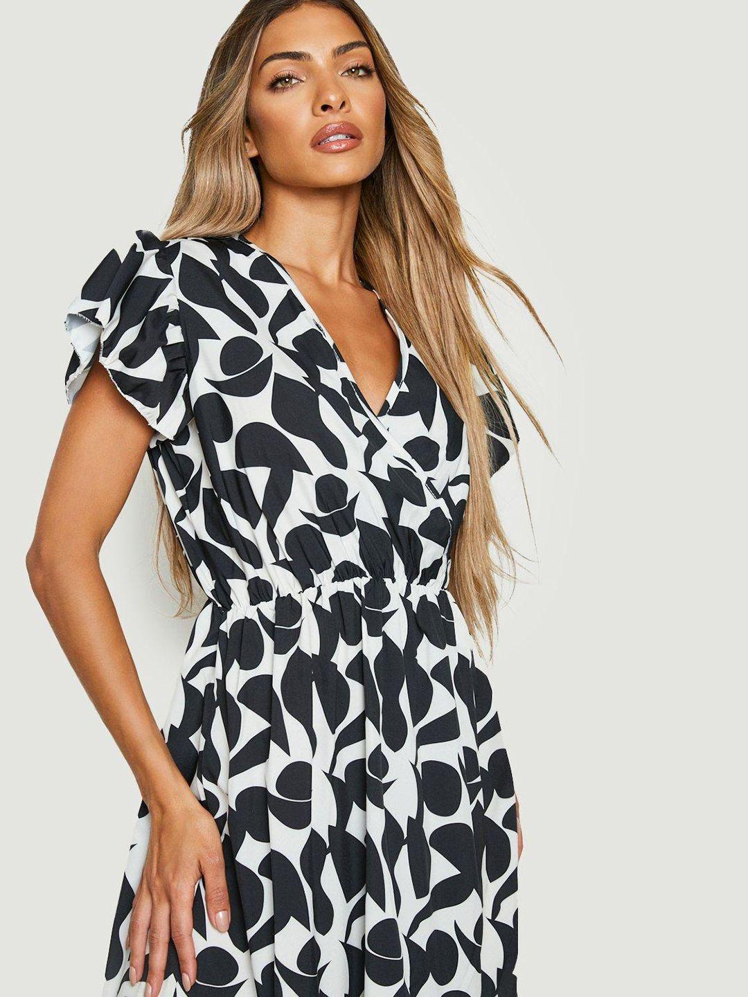 boohoo printed flutter sleeves tiered midi wrap dress