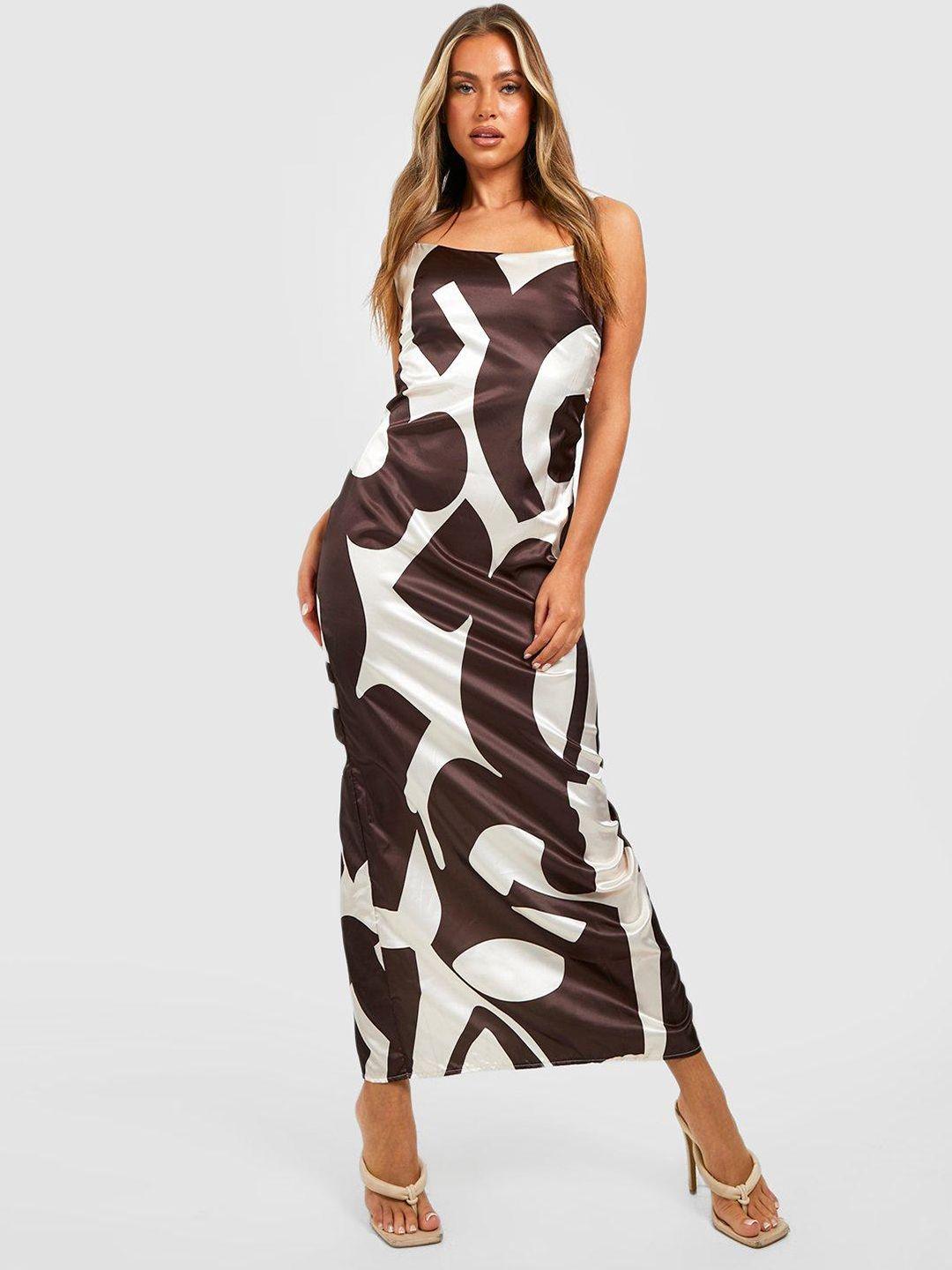 boohoo printed satin finish maxi slip dress