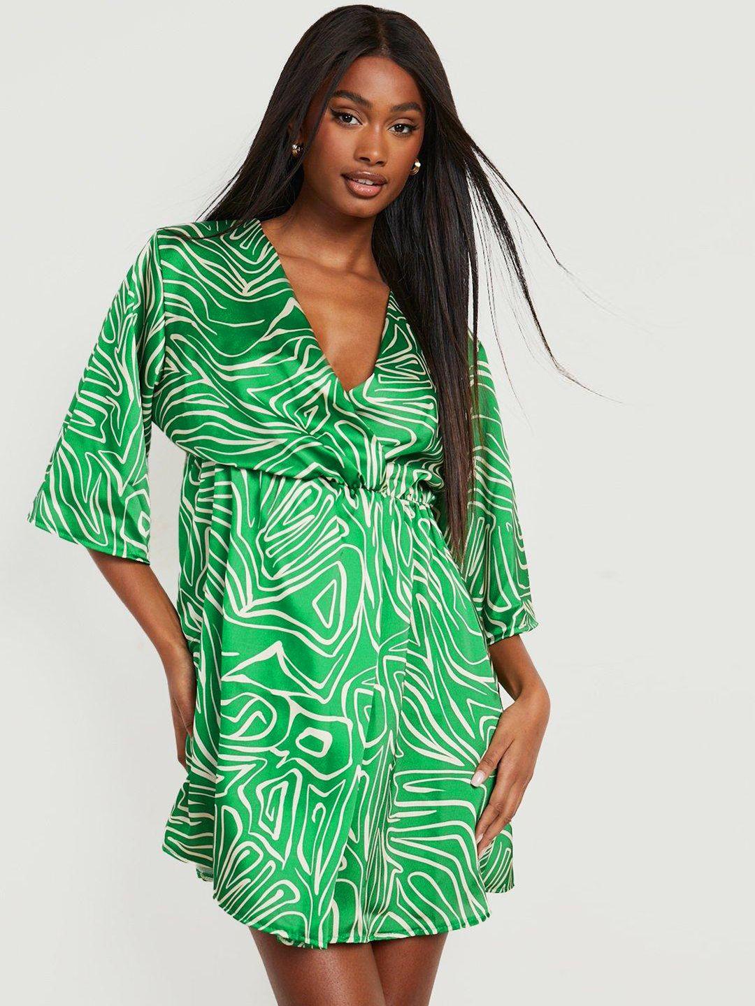 boohoo printed v-neck satin finish wrap dress