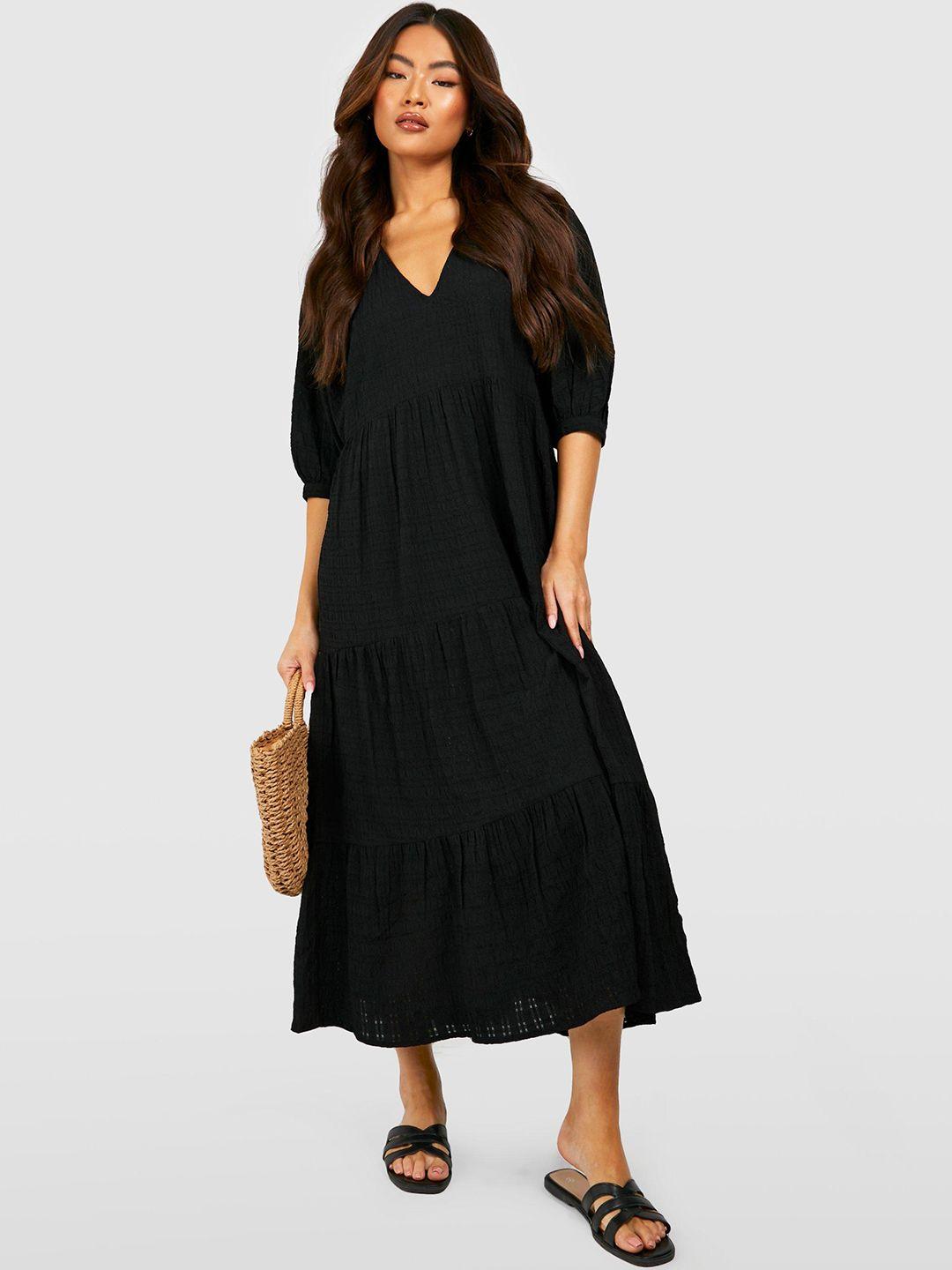 boohoo puff sleeve tiered a-line midi dress with gathered & pleated detail