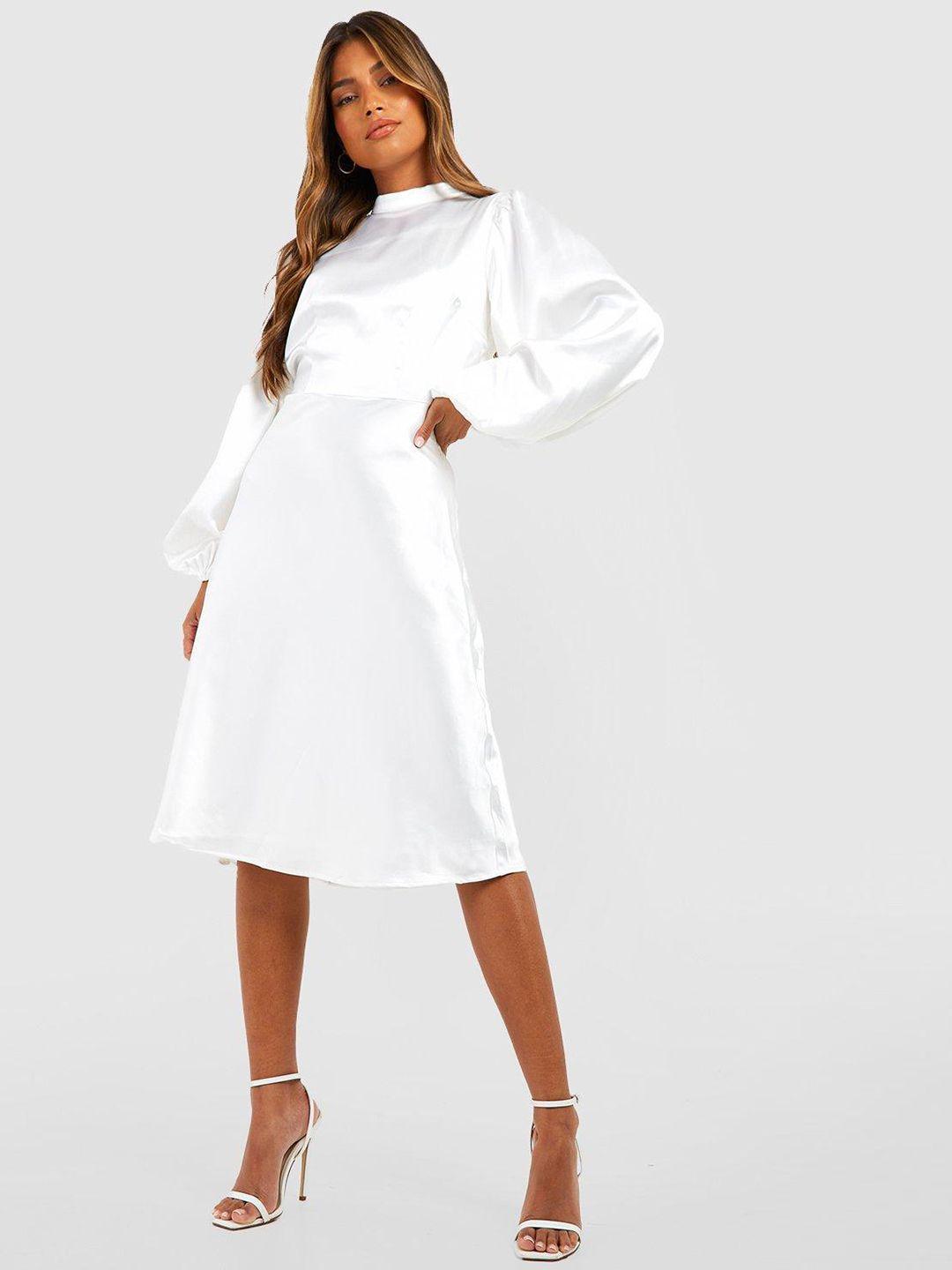 boohoo puff sleeves satin finish cut-out detail a-line dress