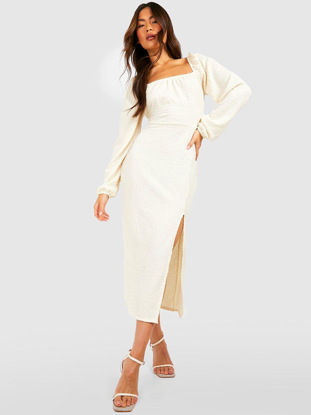 boohoo puff sleeves side slits textured sheath midi dress