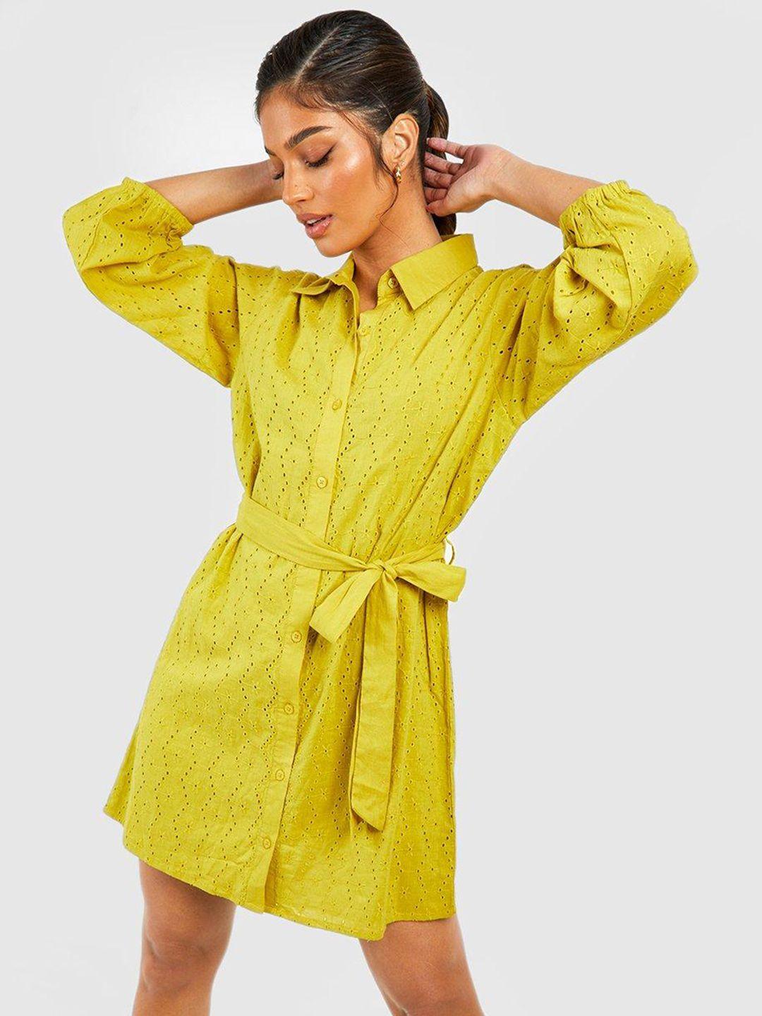 boohoo pure cotton schiffli detail puff sleeves mini shirt dress