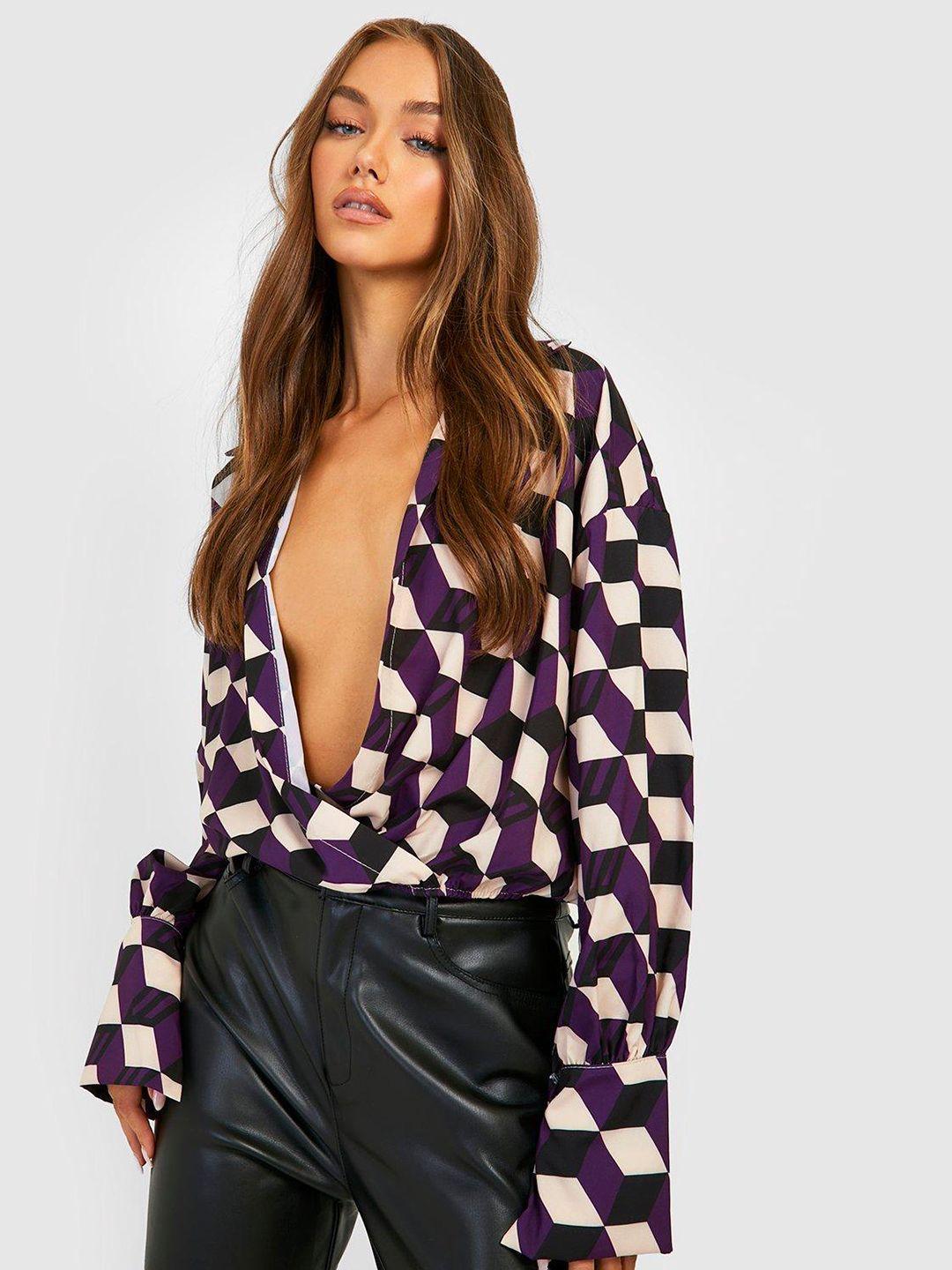 boohoo purple & black geometric print extended sleeves wrap top