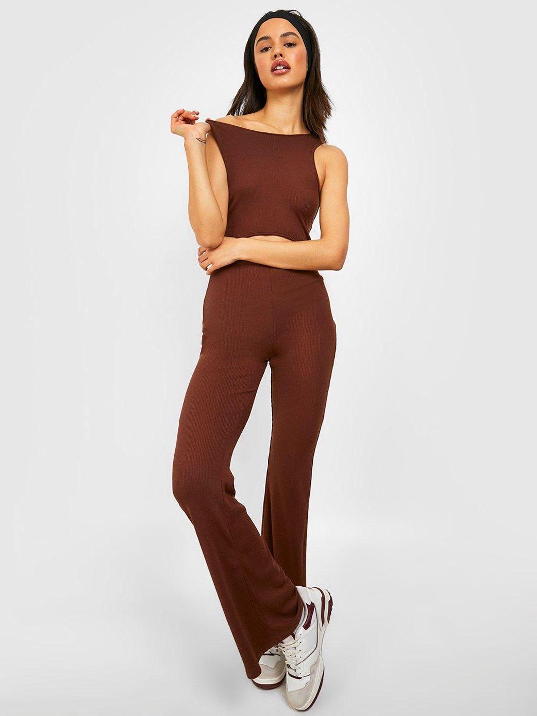 boohoo ribbed cut-out detail flared leg jumpsuit