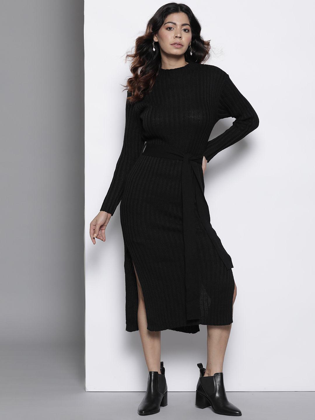 boohoo ribbed knitted belted side slit jumper dress