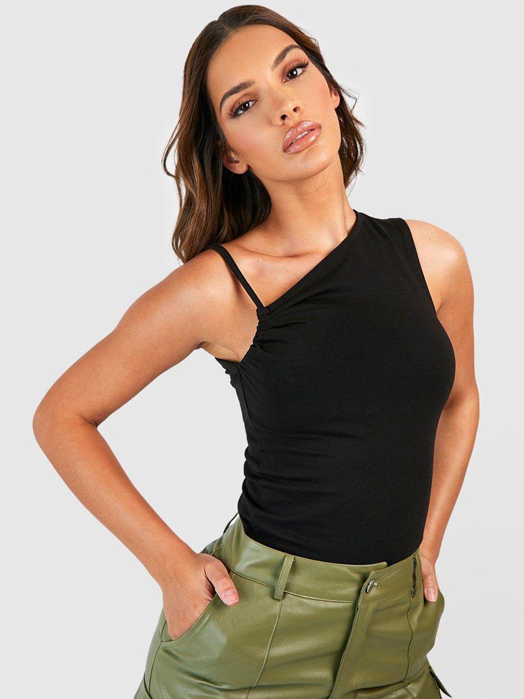 boohoo ruched asymmetric neck fitted top
