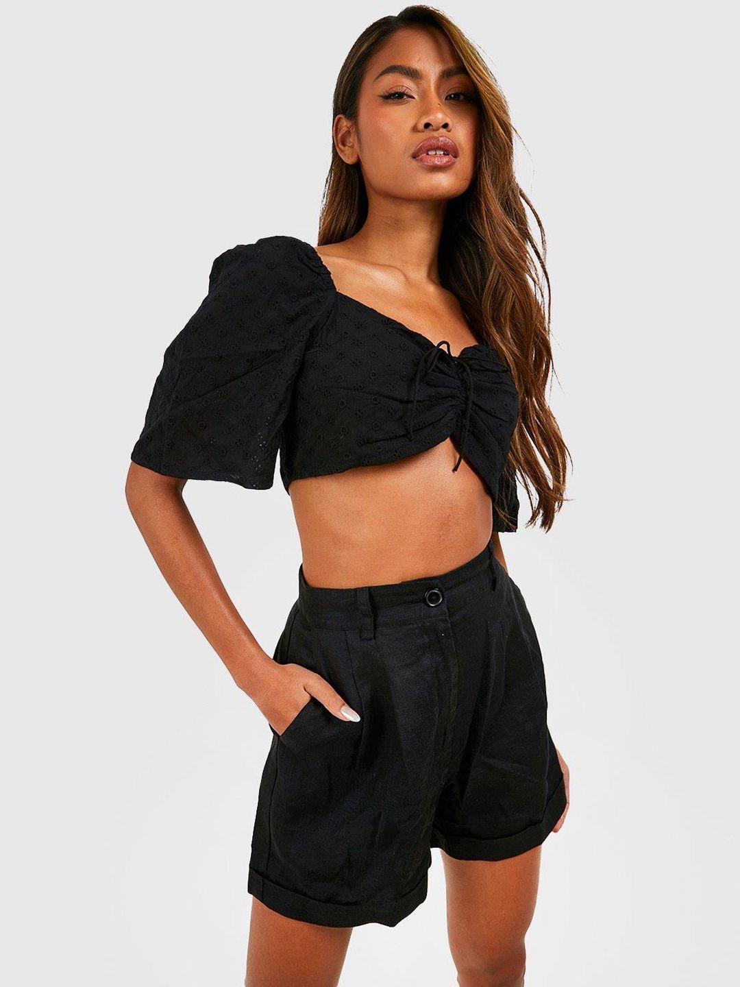 boohoo ruched schiffli top