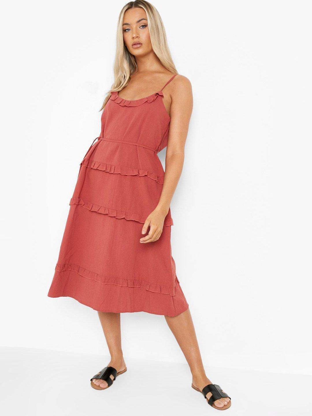 boohoo ruffle detail cotton tiered a-line midi dress