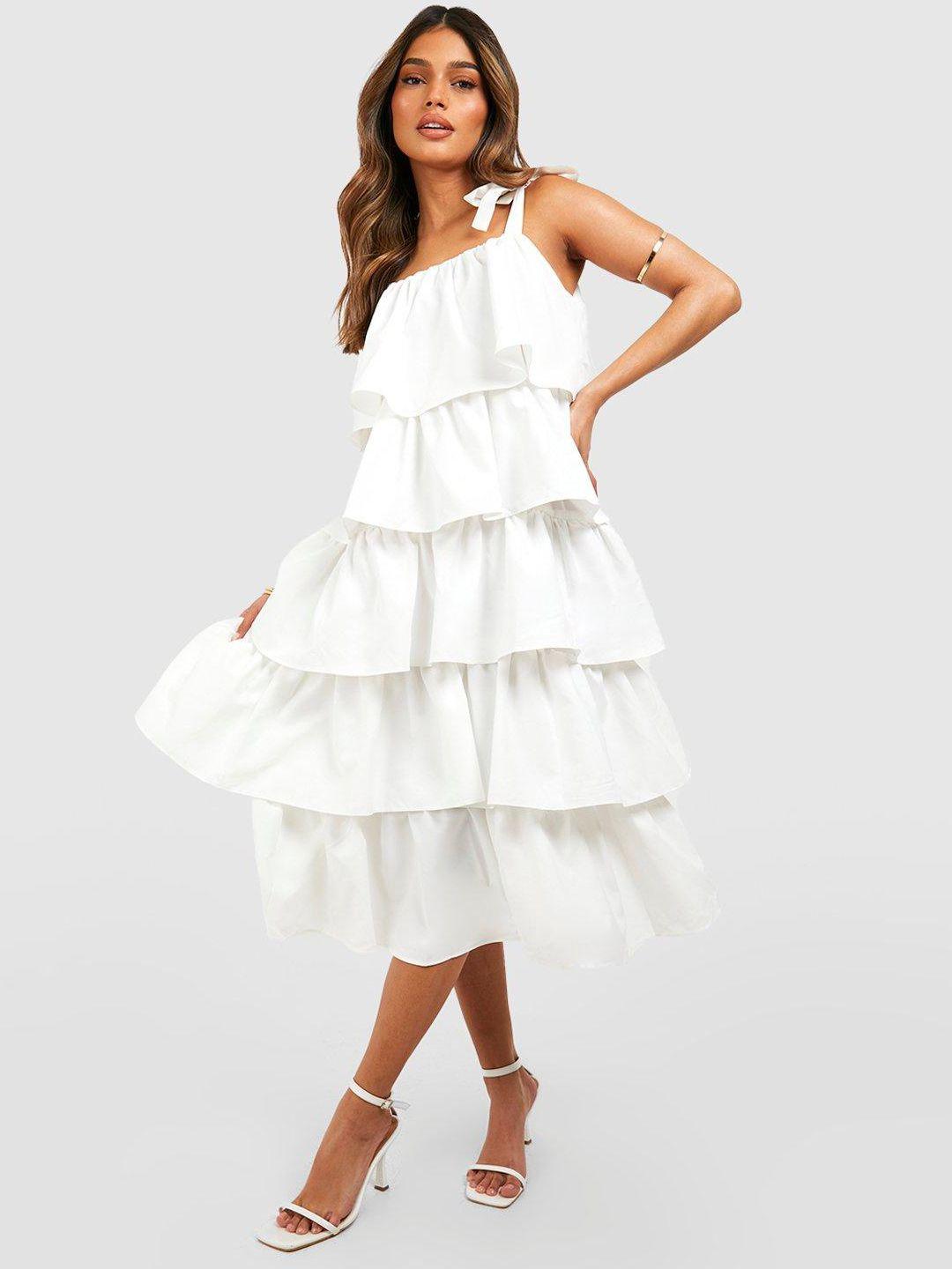 boohoo ruffle tiered a-line midi dress