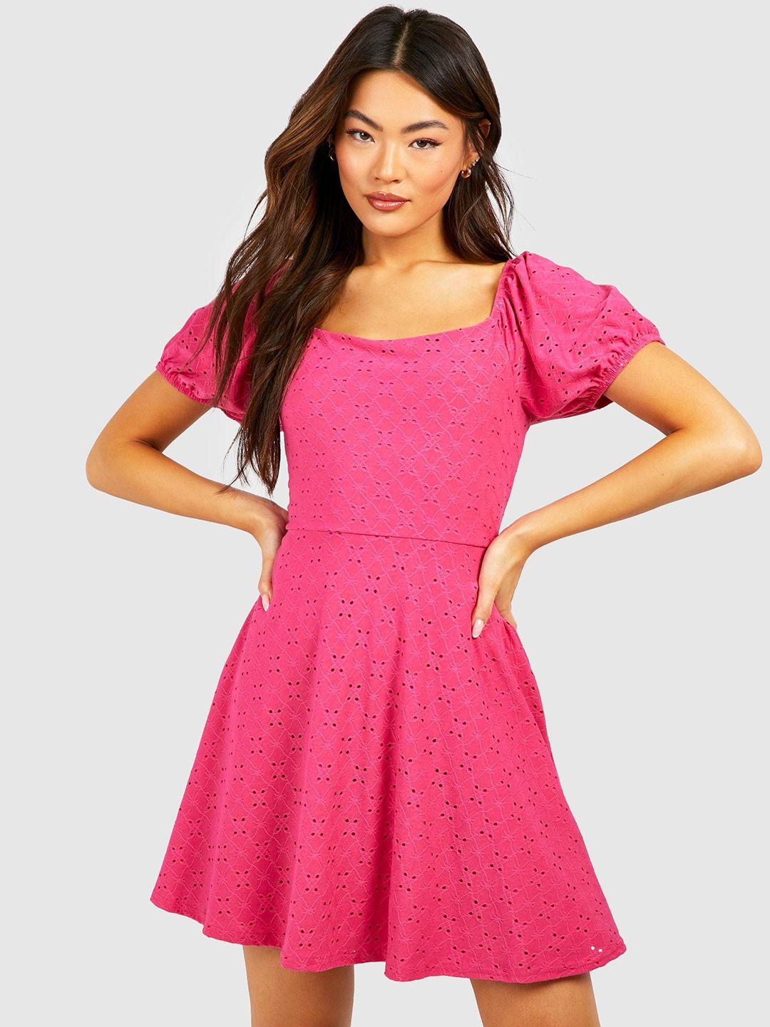 boohoo schiffli embroidered puff sleeve skater dress