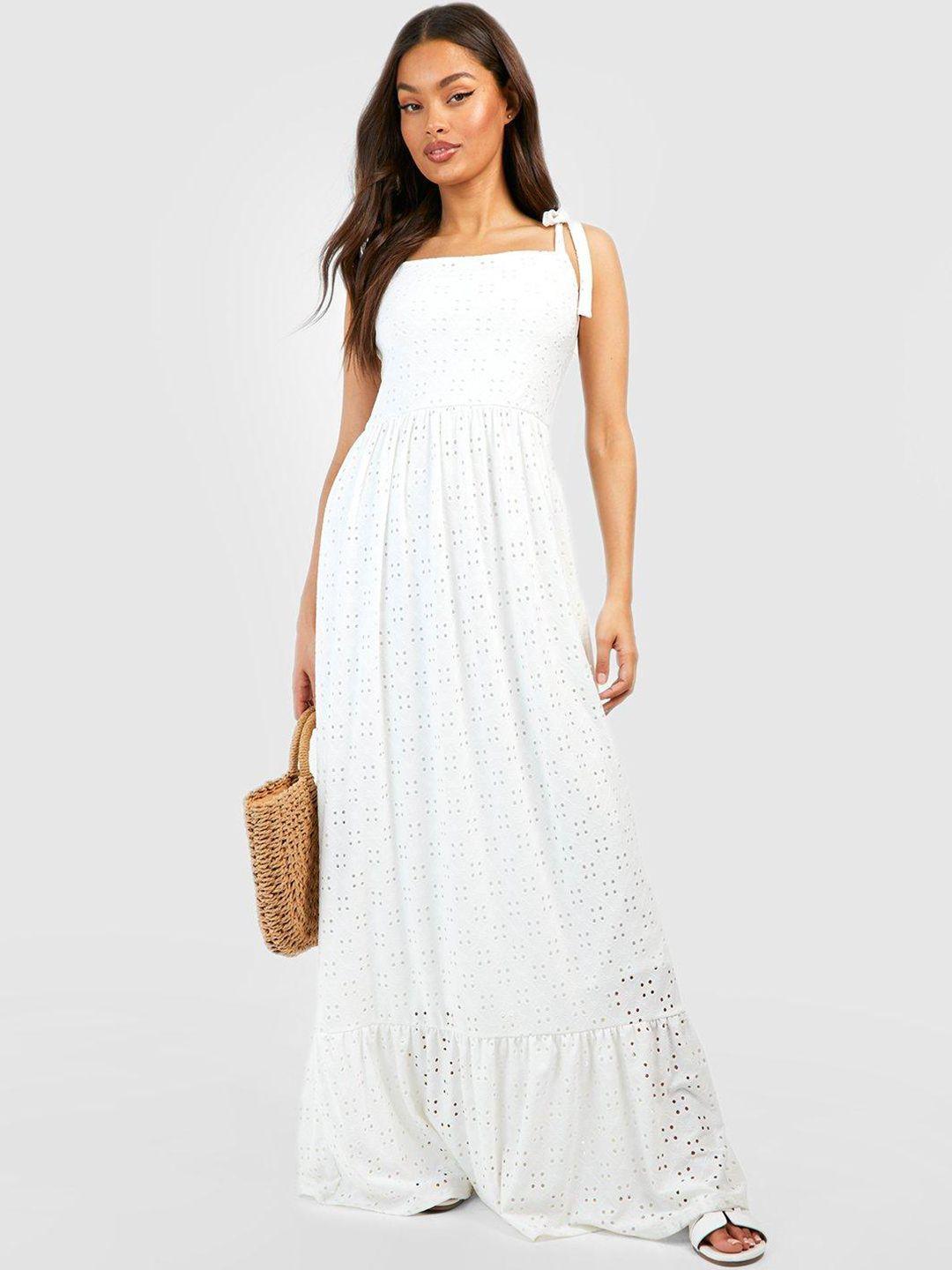 boohoo schiffli embroidered tie-up shoulder straps maxi dress