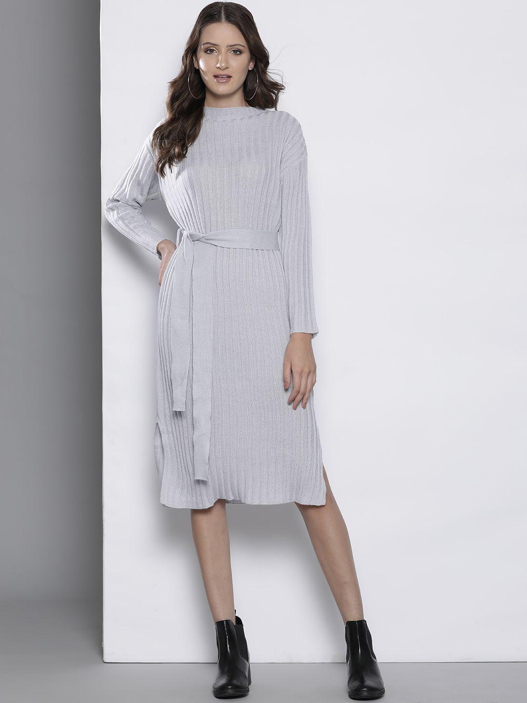 boohoo self-striped slit detail midi sweater dress with belt