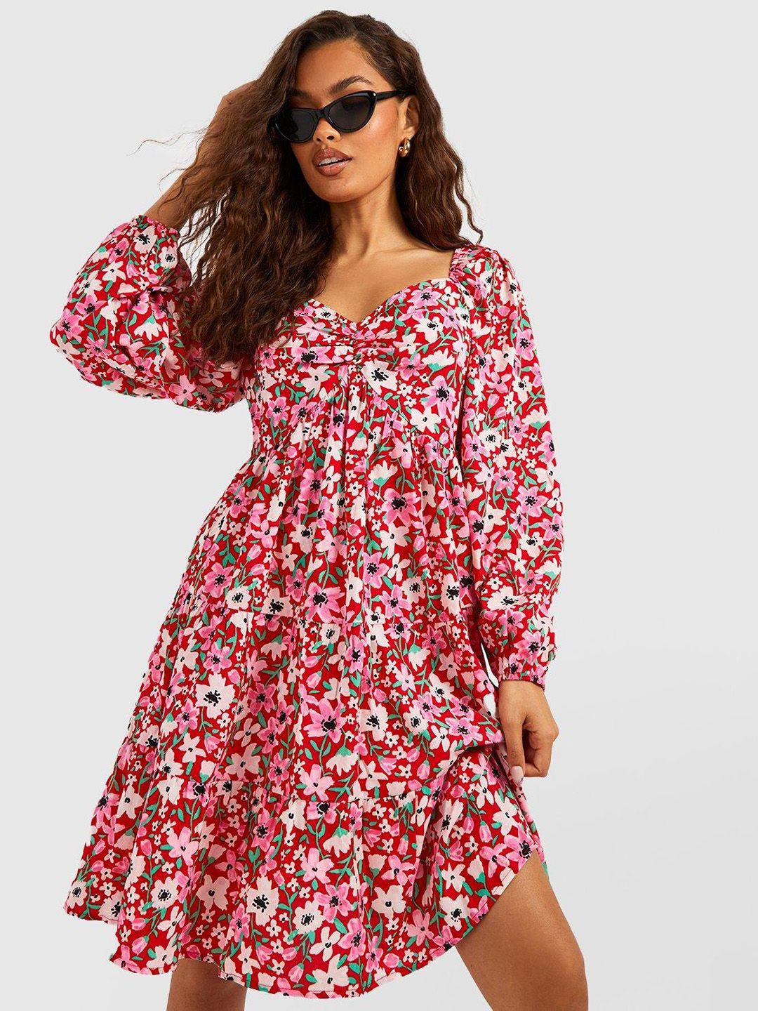 boohoo smocked floral print puff sleeve empire mini dress