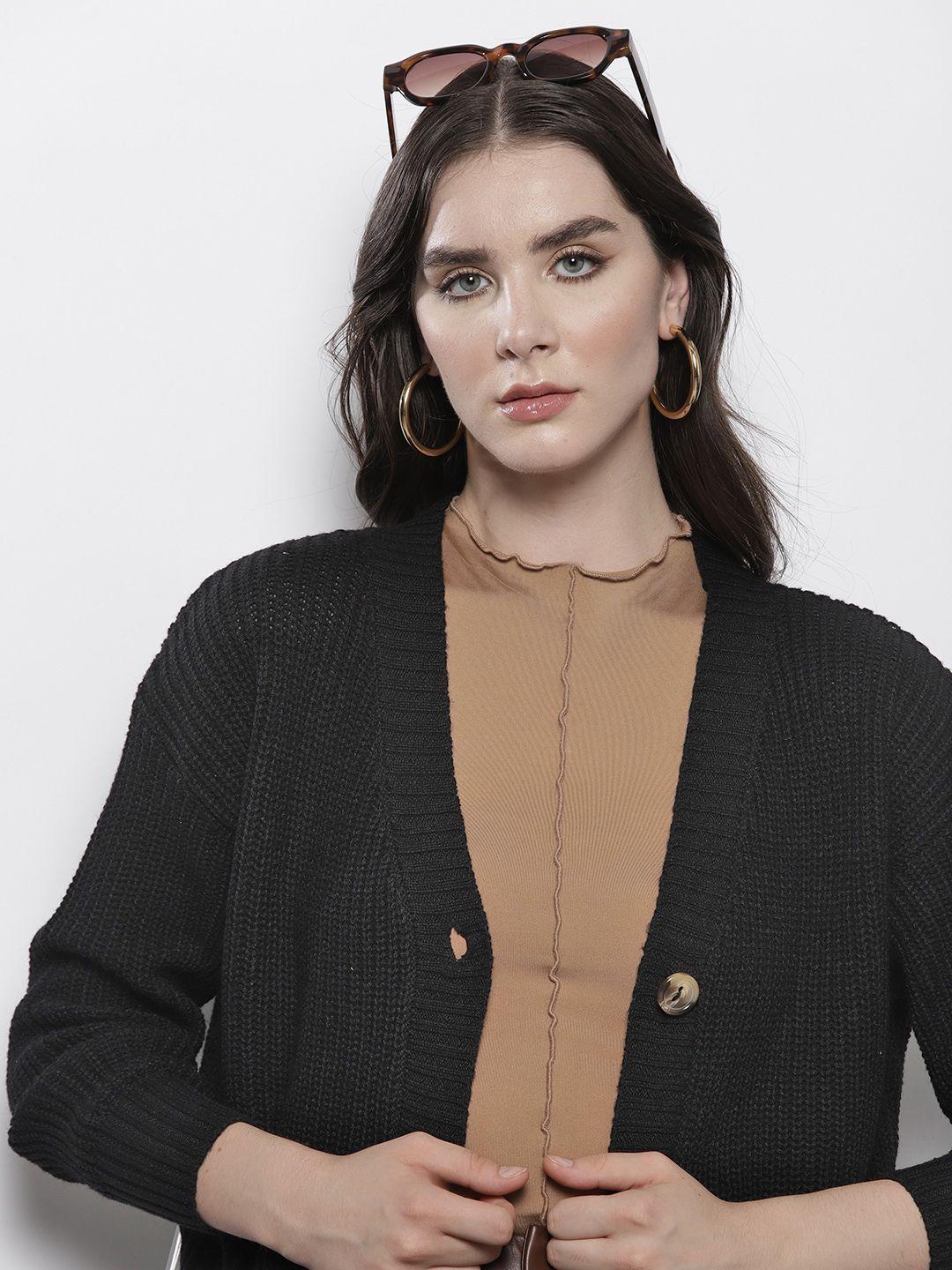boohoo solid chunky knit drop-shoulder sleeves cropped cardigan