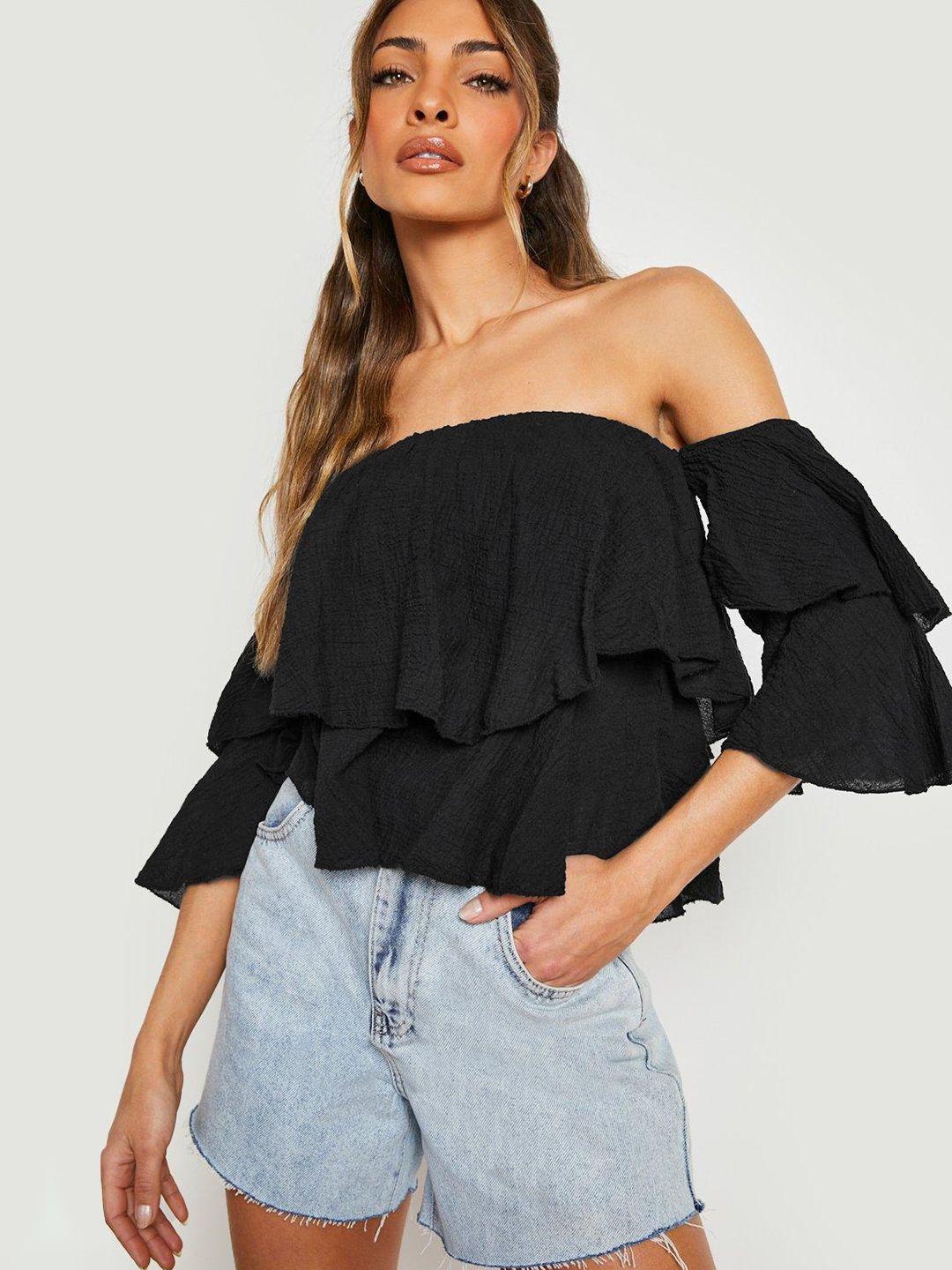 boohoo solid off-shoulder ruffles bardot crop top