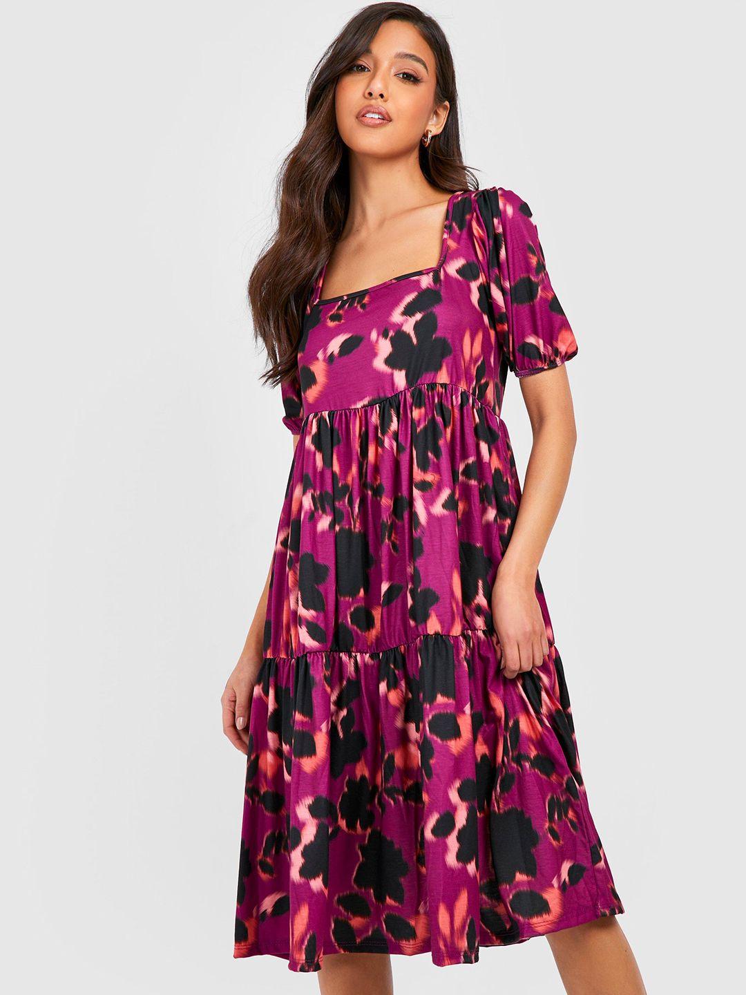 boohoo square neck print puff sleeve a-line tiered midi dress