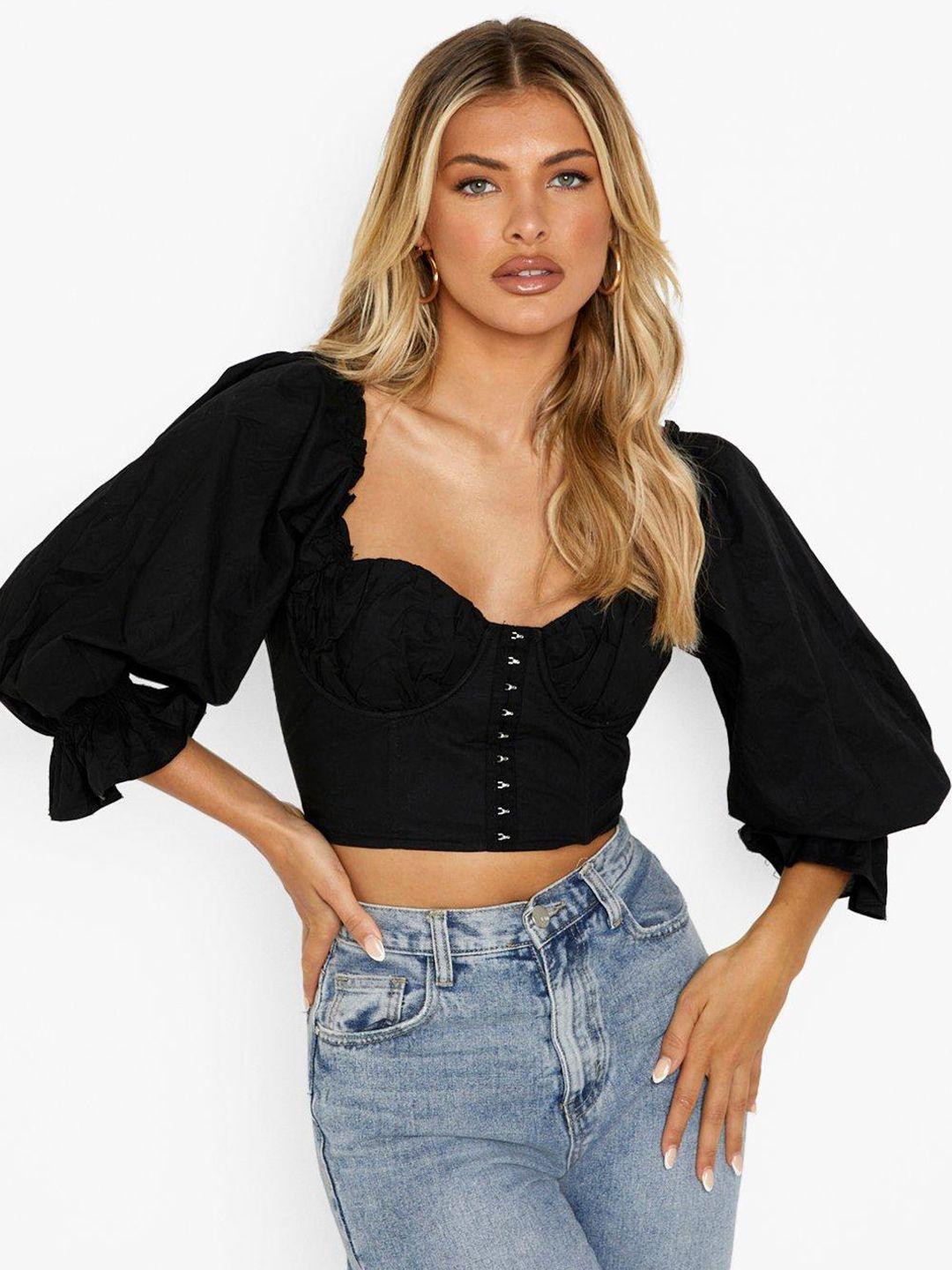 boohoo sweetheart neck puff sleeves corset-style crop top