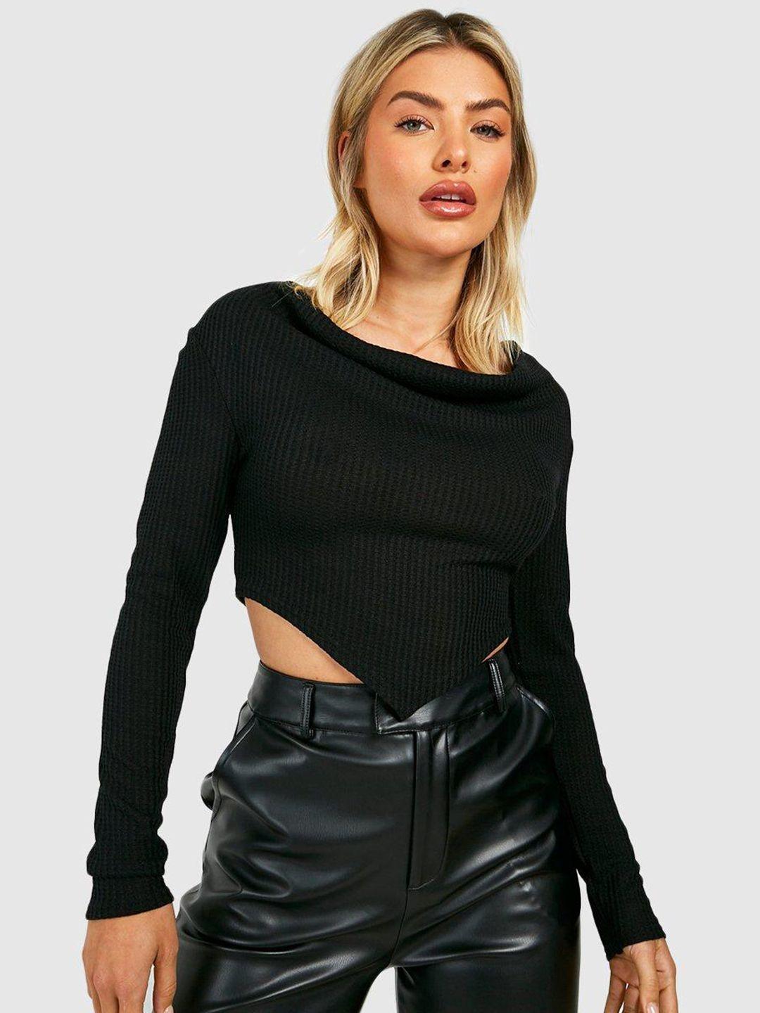 boohoo textured long sleeves pointed hem crop top