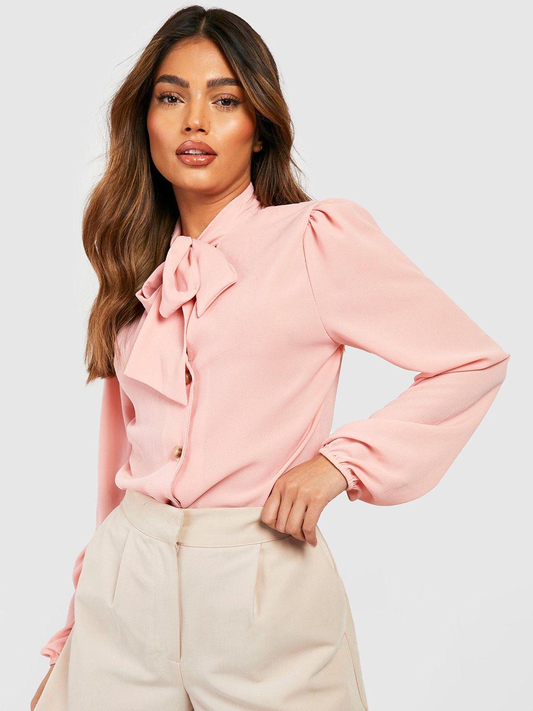 boohoo tie-up neck puff sleeves top