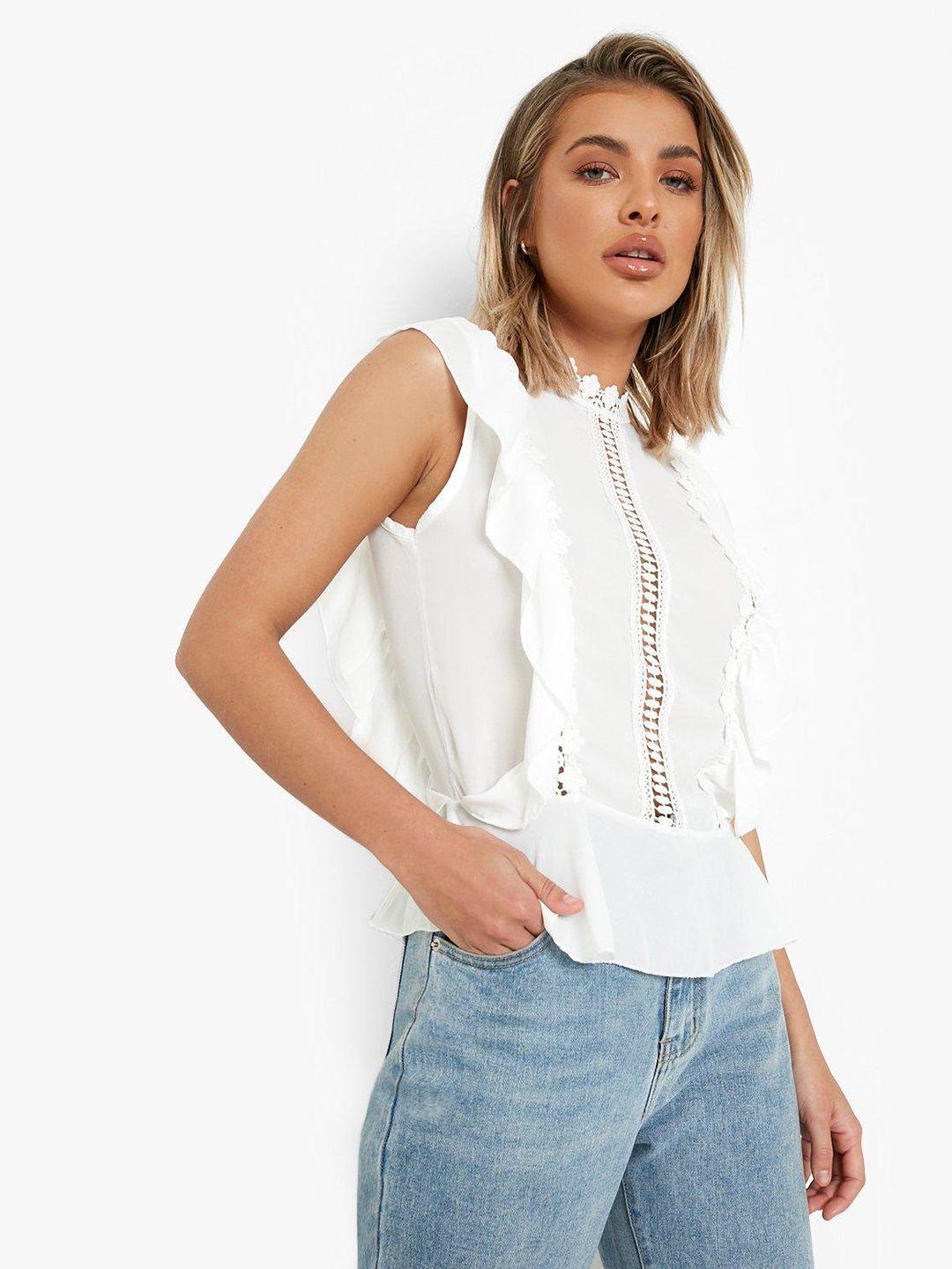 boohoo white lace inserts ruffle detail top