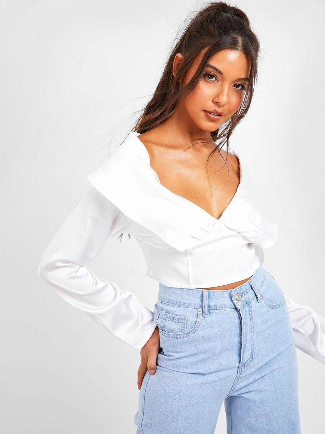 boohoo white off-shoulder satin corset top