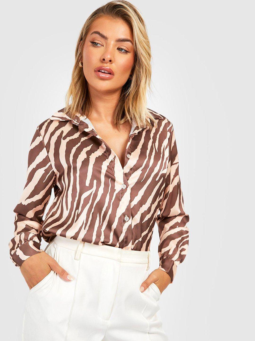 boohoo women brown & pink oversized zebra print satin shirt