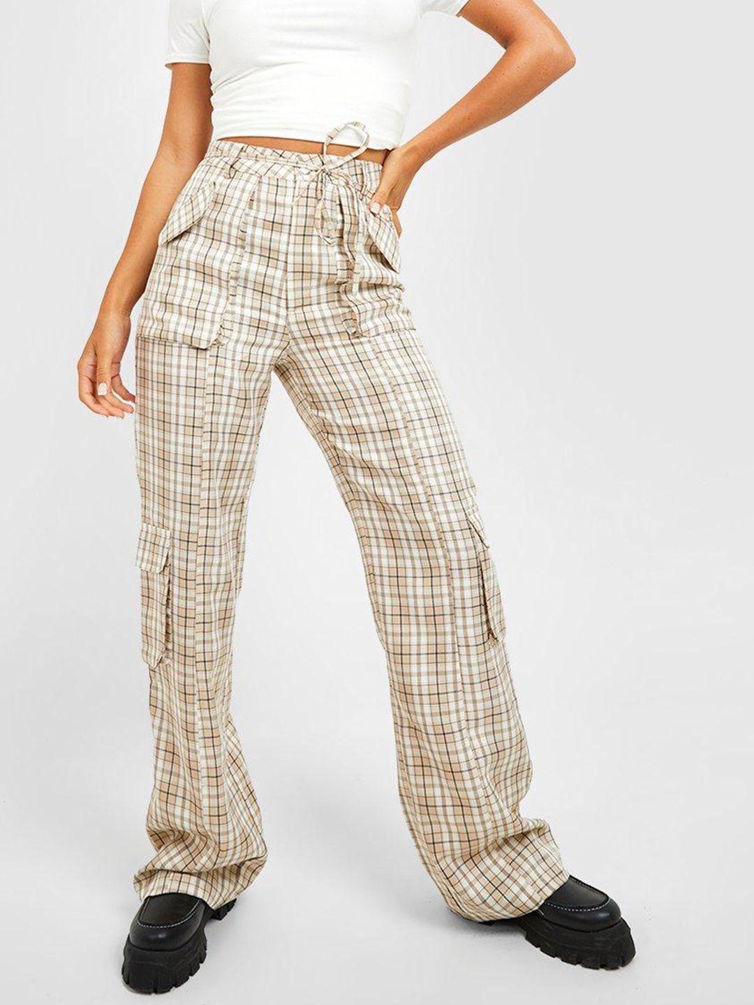 boohoo women checked tapered fit cargos