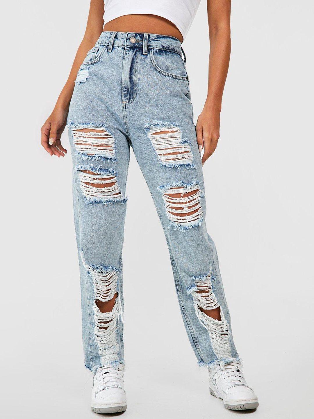 boohoo women cotton high-rise highly distressed heavy fade mom fit jeans