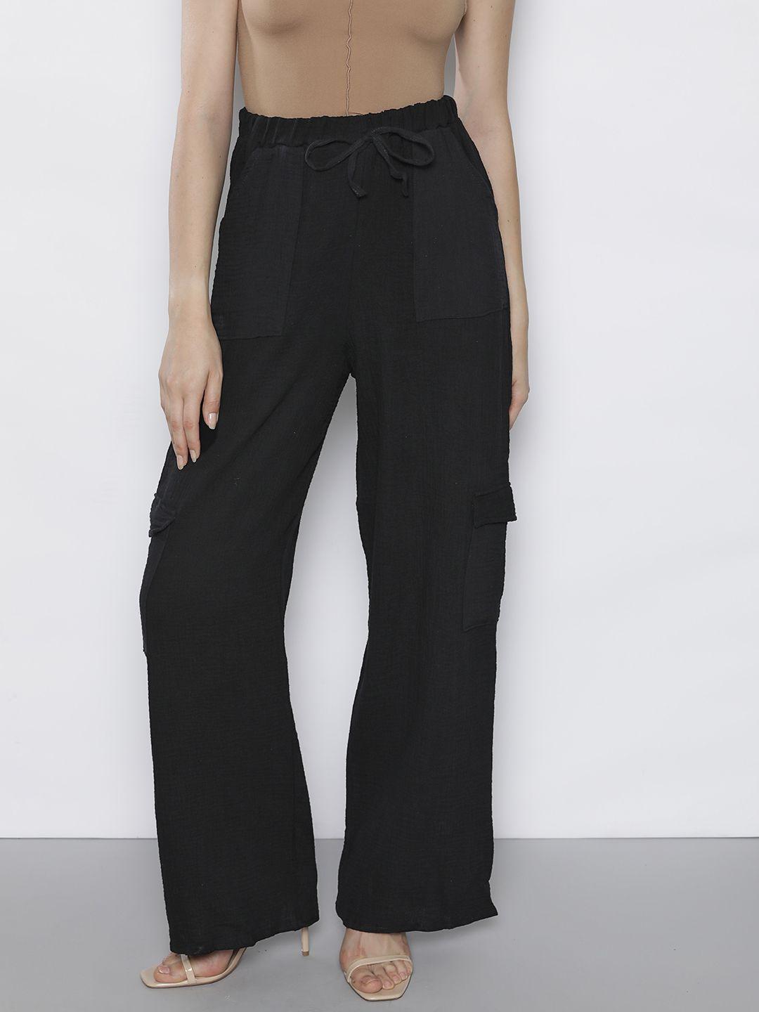 boohoo women crinkle detail pure cotton relaxed fit cargo trousers