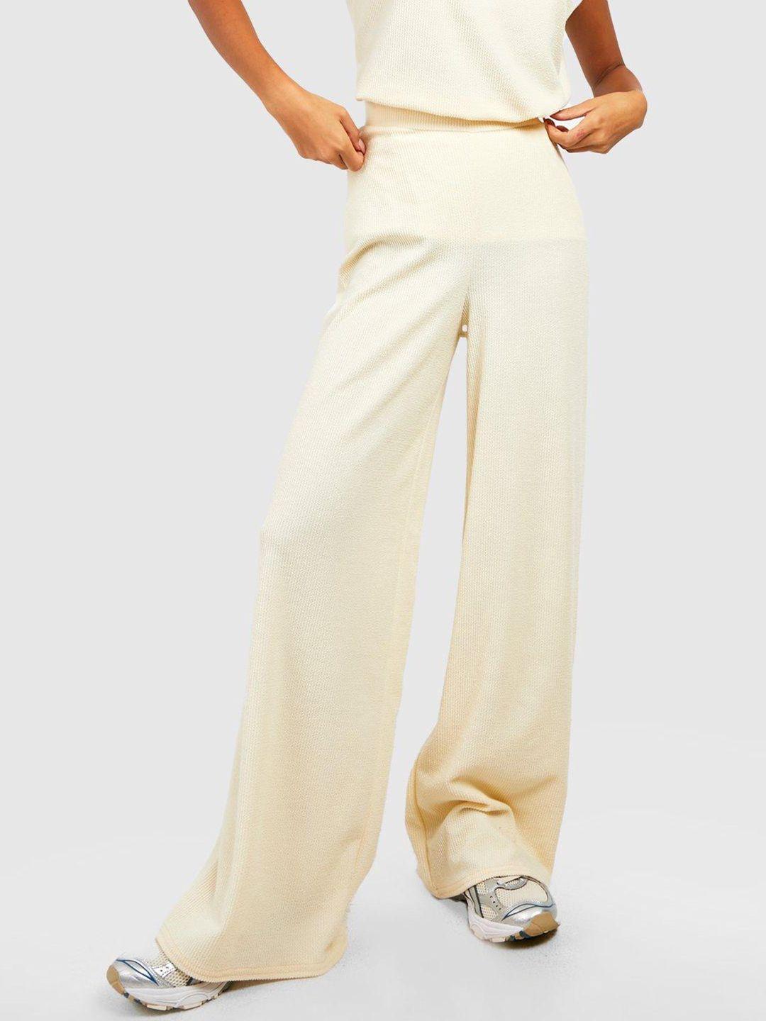 boohoo women crinkle ribbed relaxed fit wide leg trousers