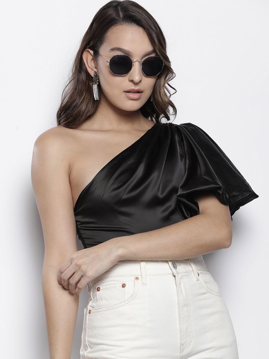 boohoo women one shoulder puff sleeve satin bodysuit