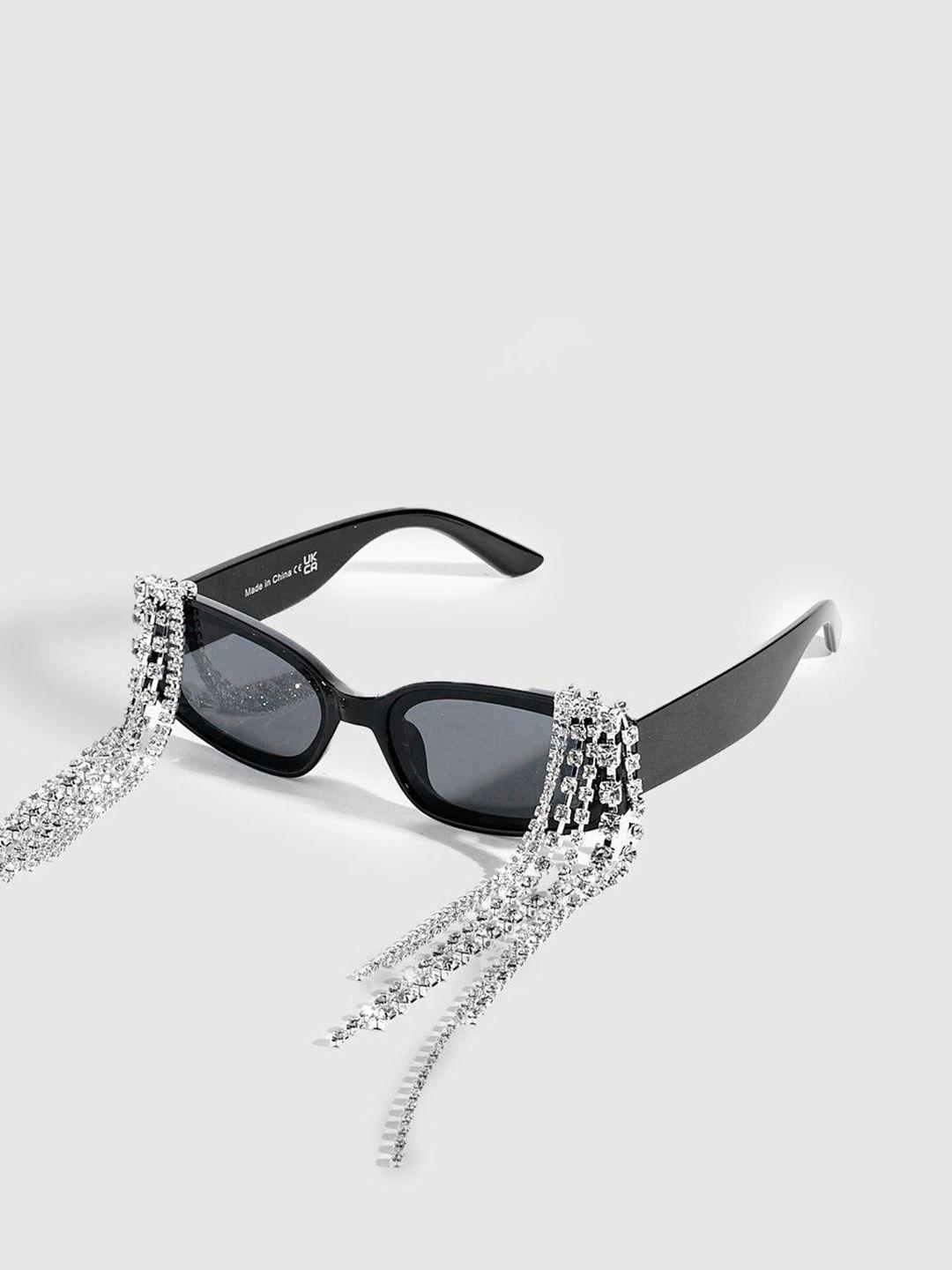 boohoo women rectangle sunglasses with stone-studded tassels gzz44249