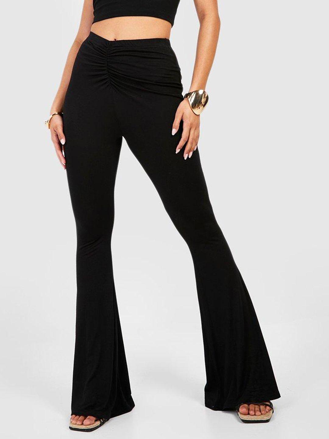 boohoo women ruched high-rise flared trousers