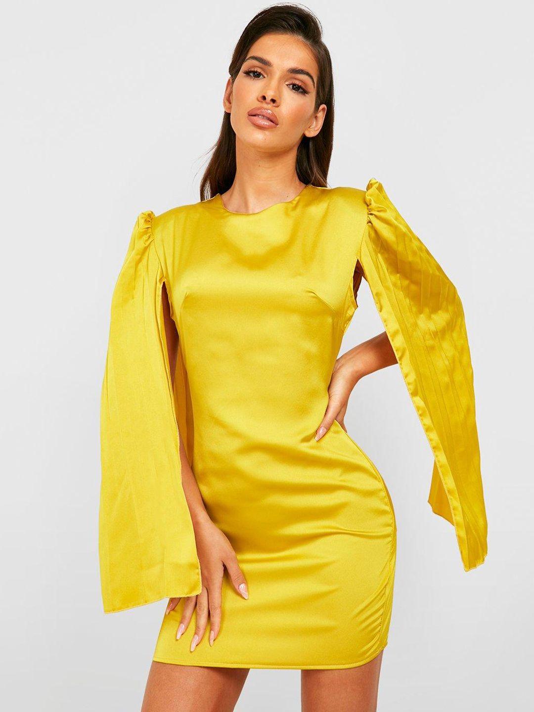 boohoo yellow pleated cape sleeve satin mini sheath dress