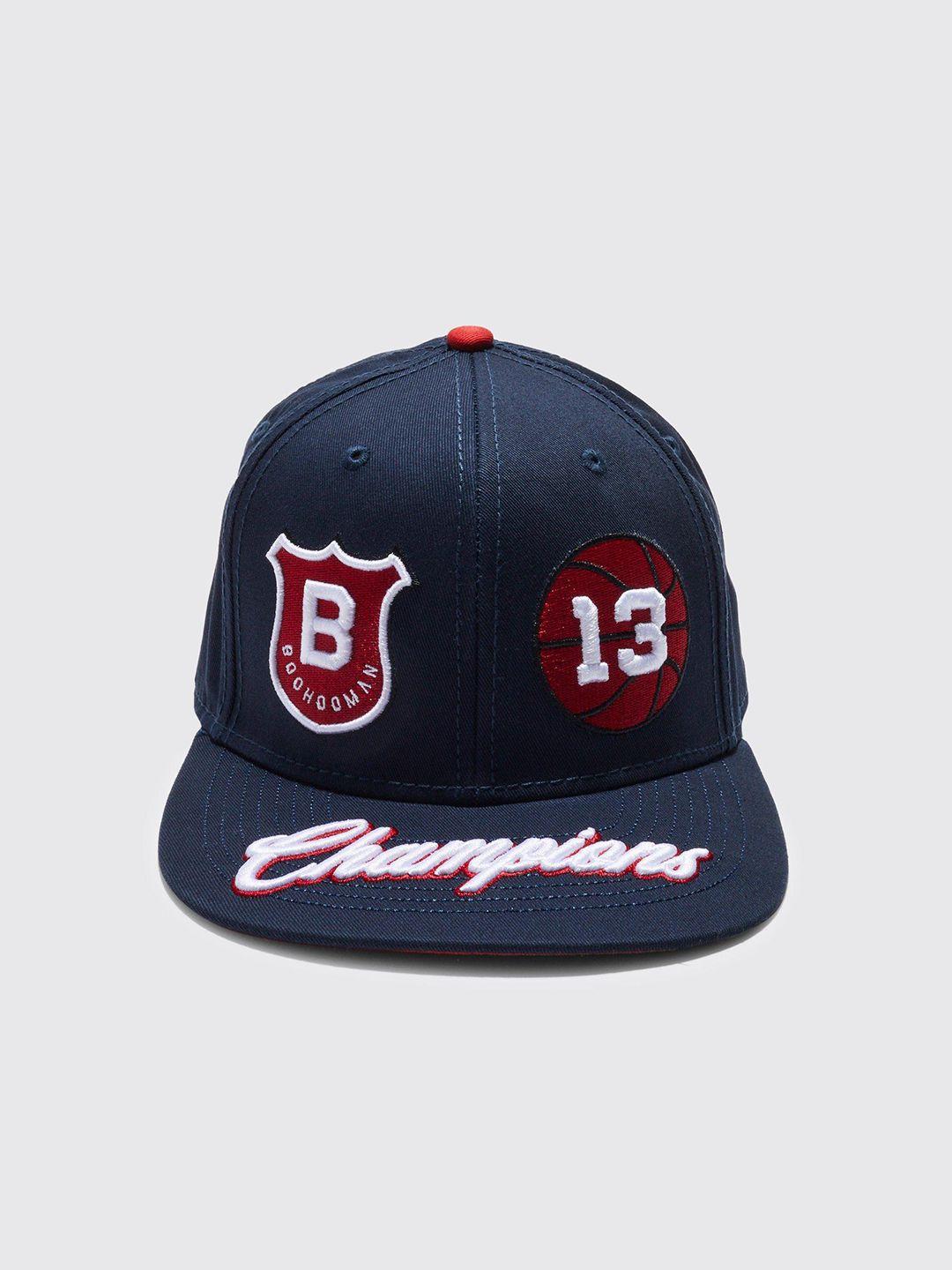 boohooman typography embroidered snapback cap with applique detail