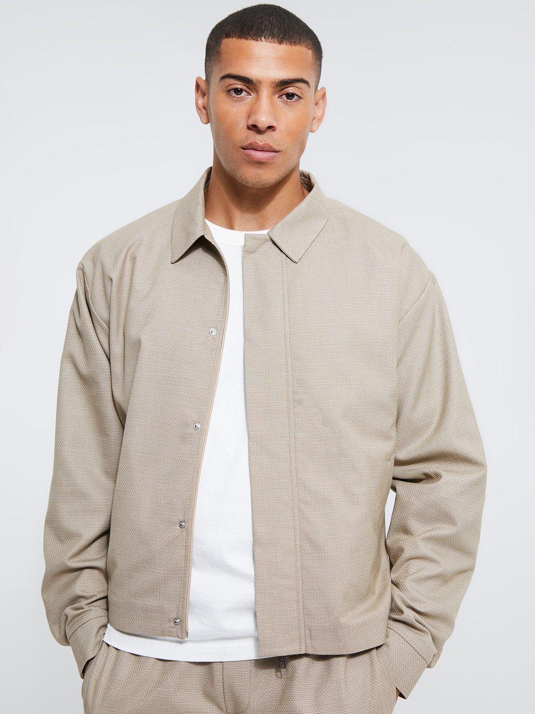 boohooman boxy fit textured concealed placket harrington jacket