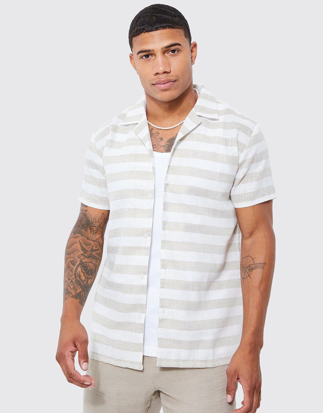 boohooman cotton opaque striped casual shirt