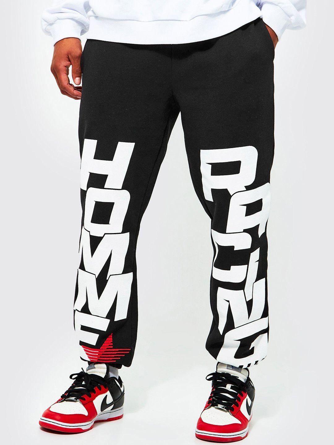 boohooman cotton racing puff print joggers