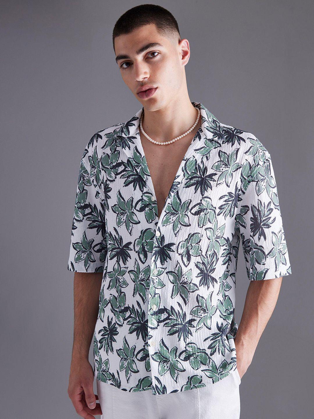 boohooman dropped revere crinkle floral print shirt