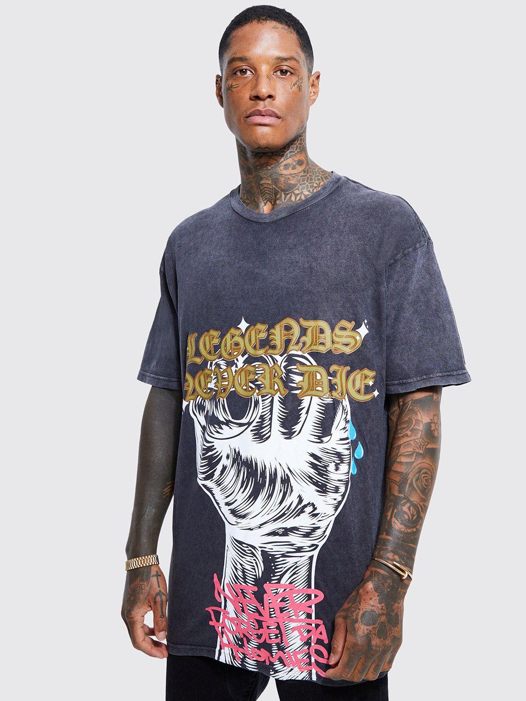 boohooman graphic printed drop-shoulder sleeves cotton oversized t-shirt