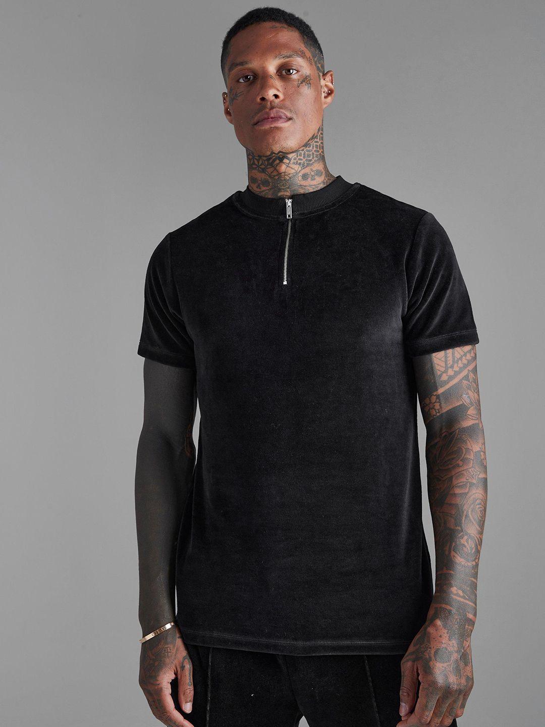 boohooman henley neck slim fit velour t-shirt