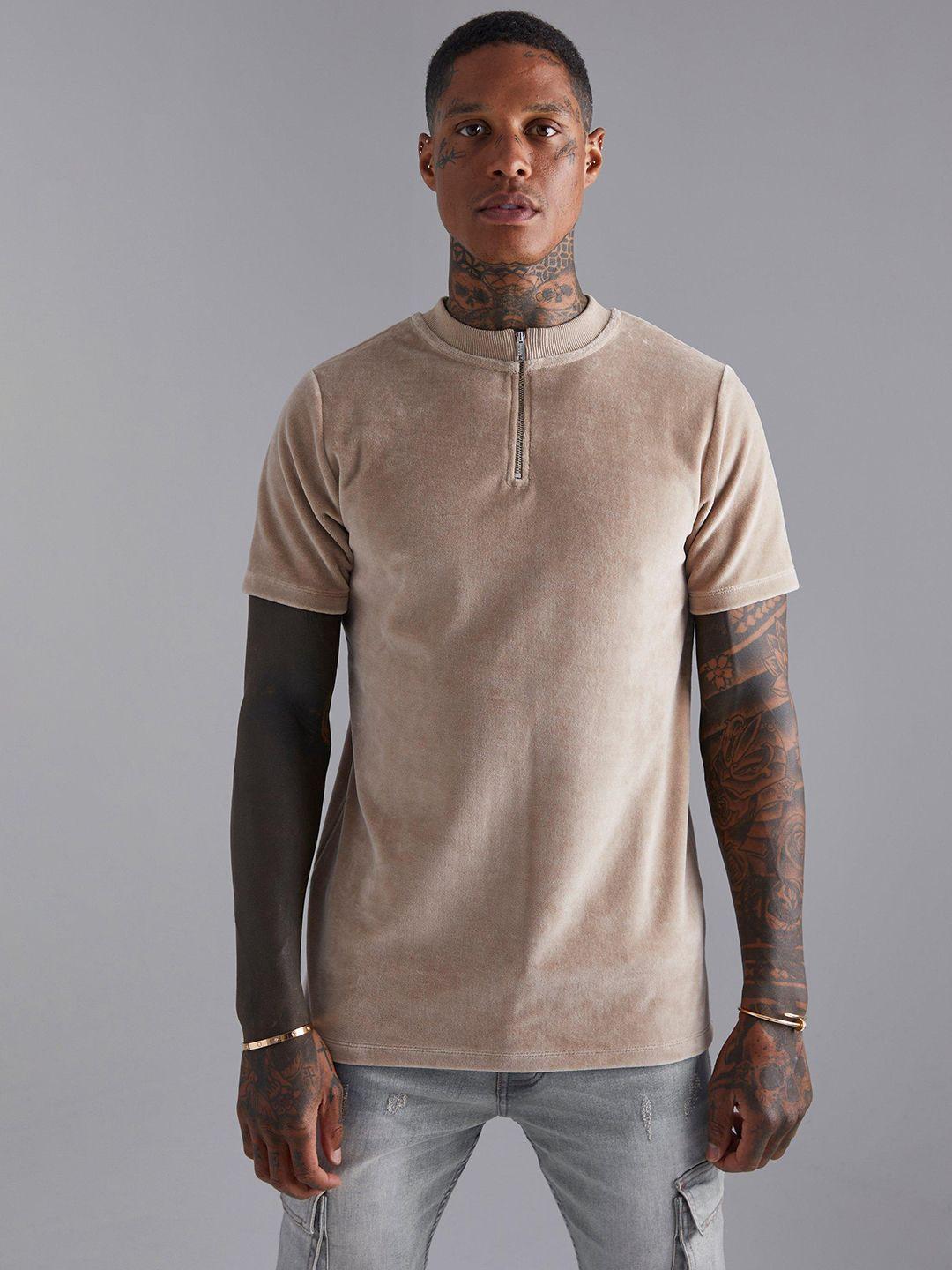 boohooman henley neck slim fit velour t-shirt